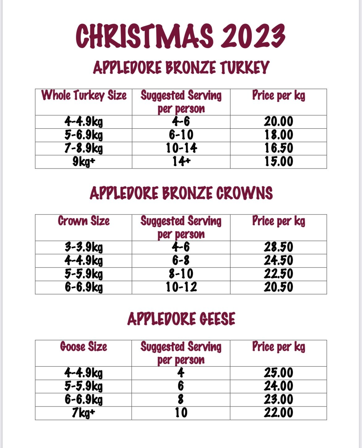 Appledore Bronze Whole Turkey 9kg+ (Deposit)
