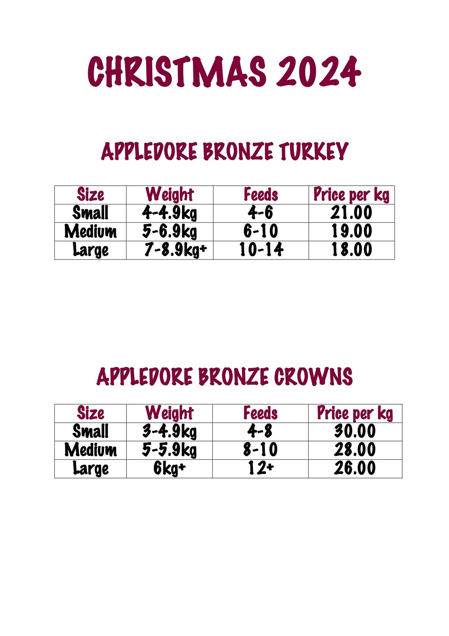 Appledore Bronze Turkey Crown 3-4.9kg (Deposit)